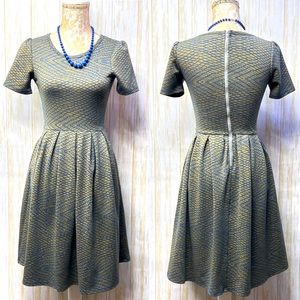 LuLaRoe Amelia Dress w/ Pockets, Zipper Back Blue & Olive Geometric Design